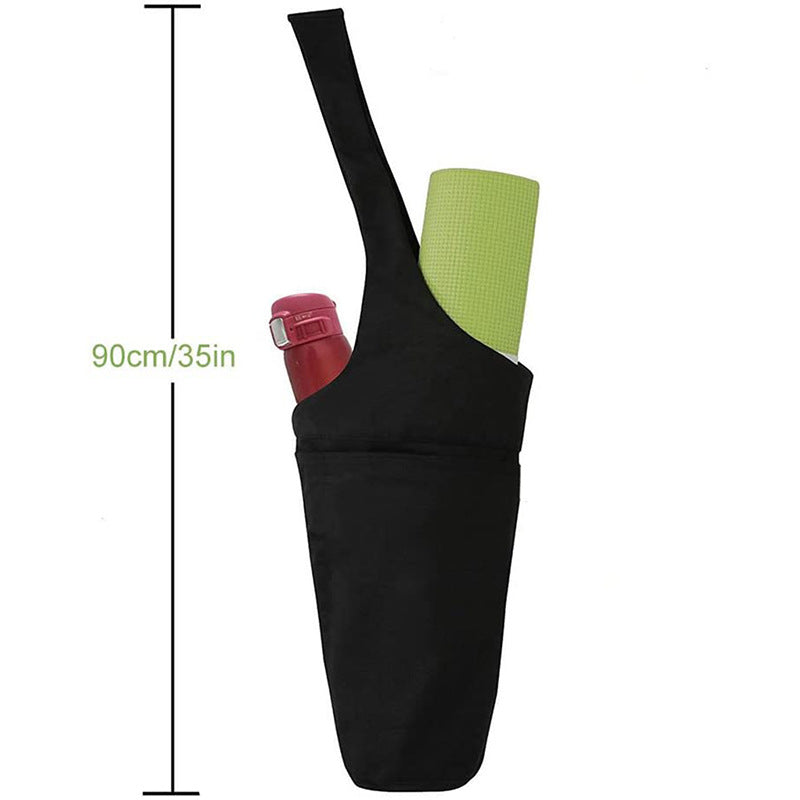 Black canvas mat carrier with dimension labels: approximately 90 cm overall length, 28 cm width and 49 cm handle; pictured mat and bottle are not included.