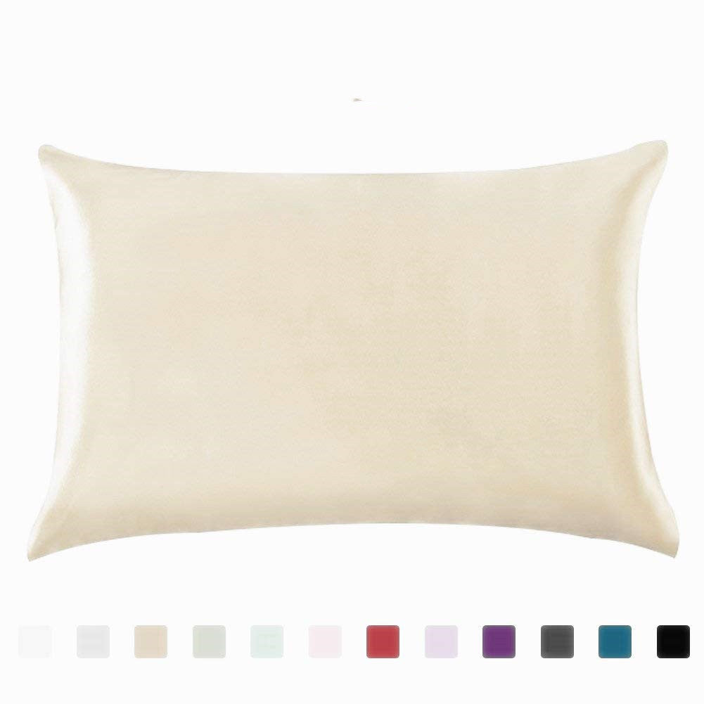 Beige satin pillowcase shown on a pillow; one 20 by 29 inch case is included, without a pillow insert.