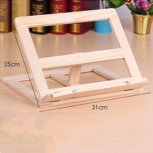 Wood-color folding reading stand with wooden page holders; supplier diagram shows approximately 31 by 25 cm. Books and plants are not included.
