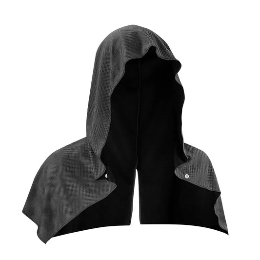 Supplier image of the black hooded microfiber towel with front fastening.