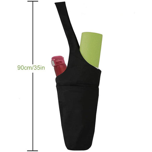Black canvas mat carrier with dimension labels: approximately 90 cm overall length, 28 cm width and 49 cm handle; pictured mat and bottle are not included.