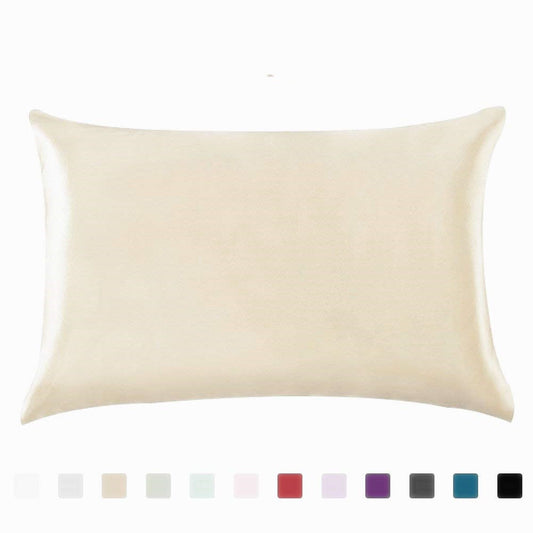 Beige satin pillowcase shown on a pillow; one 20 by 29 inch case is included, without a pillow insert.
