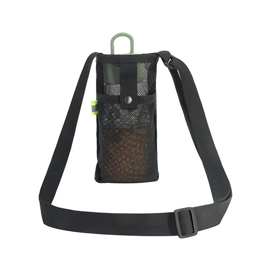 Black nylon mesh bottle carrier with adjustable shoulder strap; bottle shown for illustration and not included.